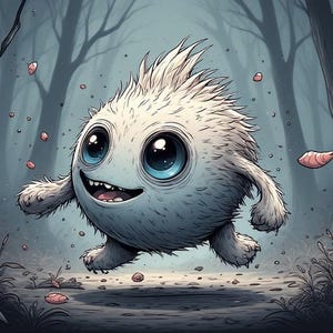 Op de afbeelding: Een grillige illustratie van een pluizig, wit wezen met grote blauwe ogen en een brede grijns, rennend door een bos. Het wezen heeft kleine armen en benen, en de achtergrond toont hoge bomen en verspreide bladeren.
