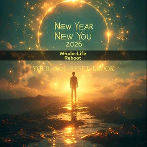 May include: An artistic digital image with the text "NEW YEAR NEW YOU 2026" in gold lettering. Below, the text "Whole-Life Reboot" is displayed. The image features a person standing in a bright, golden landscape with the text "YOUR-2026-RESET LOOK" and "PHILIP WAY".