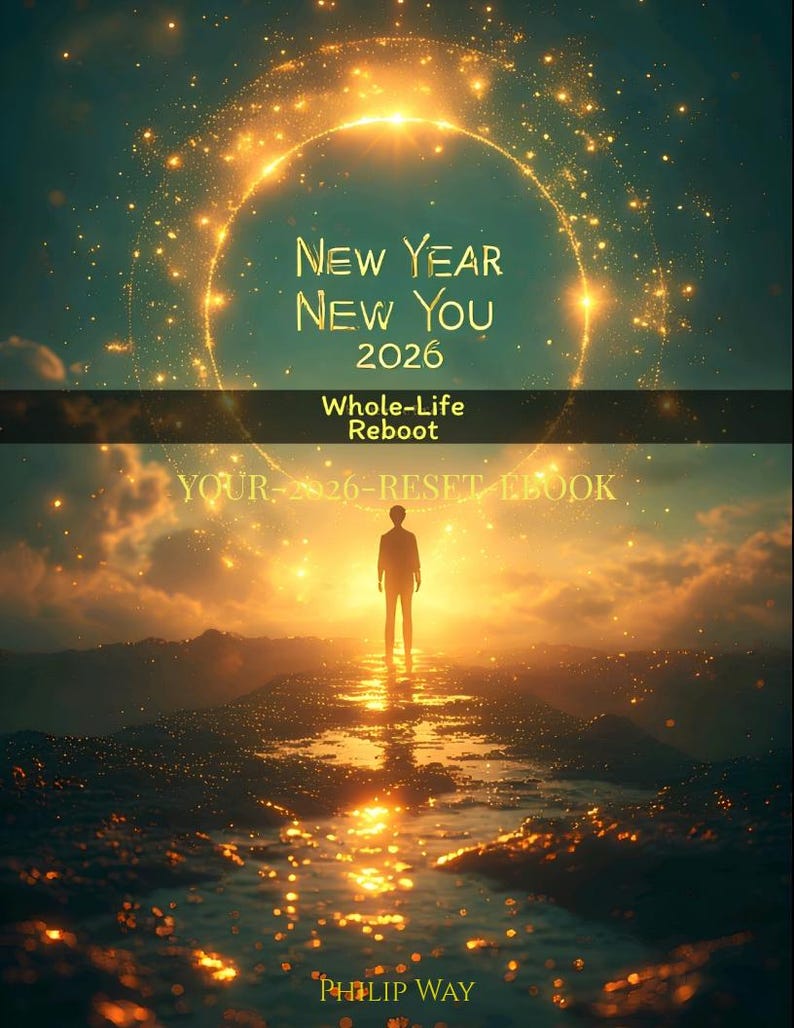 Może przedstawiać: Artystyczny obraz cyfrowy z tekstem "NEW YEAR NEW YOU 2026" w złotych literach. Poniżej wyświetlony jest tekst "Whole-Life Reboot". Obraz przedstawia osobę stojącą w jasnym, złotym krajobrazie z tekstem "YOUR-2026-RESET LOOK" i "PHILIP WAY".