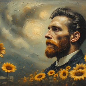 Op de afbeelding: Een olieverfschilderij van een man met een rode baard, omringd door zonnebloemen. De achtergrond toont een wervelende, bewolkte lucht met gouden licht. De man draagt een donkerblauwe jas en een wit overhemd.