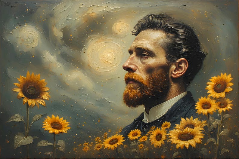 Op de afbeelding: Een olieverfschilderij van een man met een rode baard, omringd door zonnebloemen. De achtergrond toont een wervelende, bewolkte lucht met gouden licht. De man draagt een donkerblauwe jas en een wit overhemd.