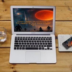 May include: A silver laptop displaying a sci-fi image with the text "Last Light: Humanity's Struggle in the Red Giant Age" sits on a wooden surface. A glass of water, a smartphone, and a notebook are also on the table.