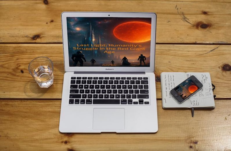 May include: A silver laptop displaying a sci-fi image with the text "Last Light: Humanity's Struggle in the Red Giant Age" sits on a wooden surface. A glass of water, a smartphone, and a notebook are also on the table.