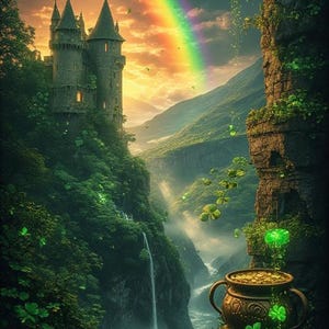 Puede incluir: Ilustraci&oacute;n digital de un paisaje de fantas&iacute;a con un castillo, un arco&iacute;ris y una cascada. Una olla de oro se encuentra en un acantilado, con tr&eacute;boles y mariposas. La escena se desarrolla en un valle verde.