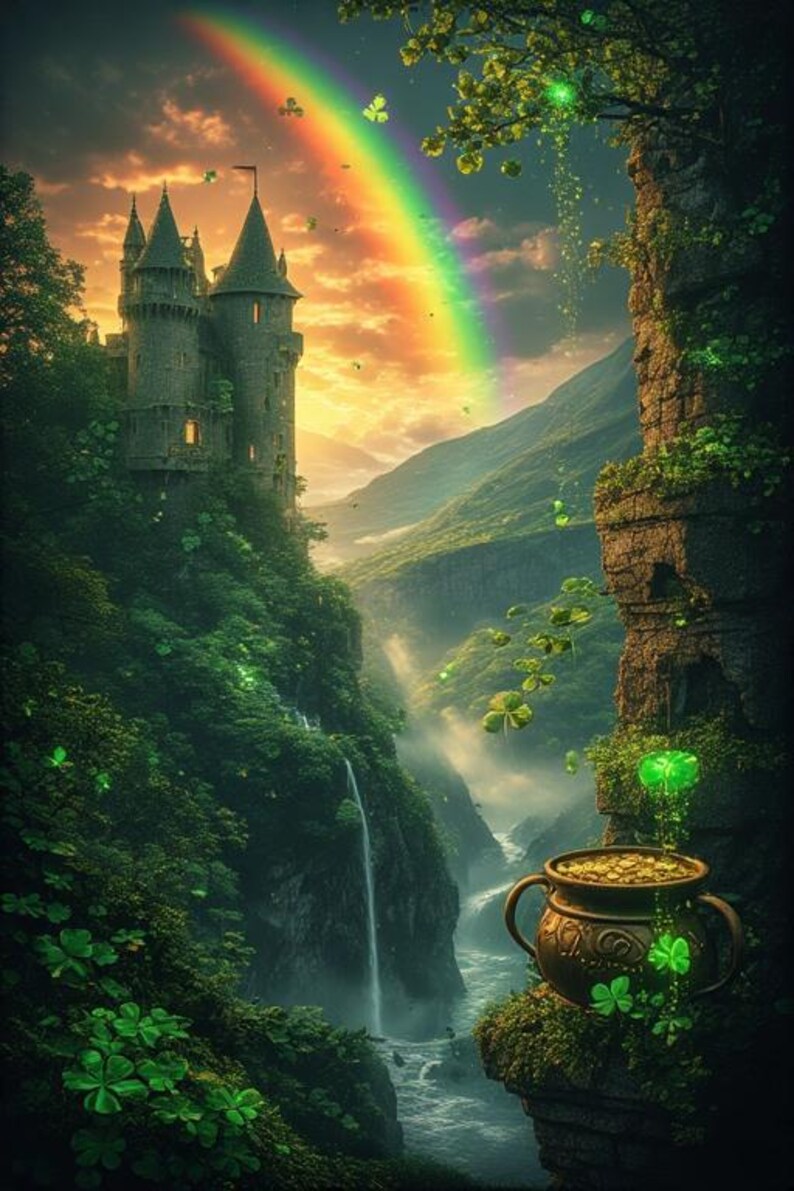 Puede incluir: Ilustraci&oacute;n digital de un paisaje de fantas&iacute;a con un castillo, un arco&iacute;ris y una cascada. Una olla de oro se encuentra en un acantilado, con tr&eacute;boles y mariposas. La escena se desarrolla en un valle verde.