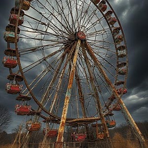 May include: An abandoned, rusty Ferris wheel against a dramatic, cloudy sky. The wheel's cabins are various colors, including red, yellow, and blue. The structure is weathered, with visible rust and decay, suggesting a theme of abandonment.