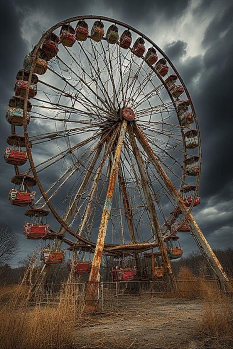May include: An abandoned, rusty Ferris wheel against a dramatic, cloudy sky. The wheel's cabins are various colors, including red, yellow, and blue. The structure is weathered, with visible rust and decay, suggesting a theme of abandonment.