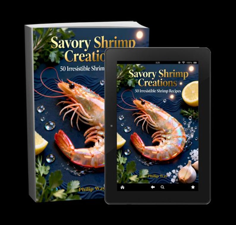 May include: A cookbook and tablet display the title "Savory Shrimp Creations" with a shrimp and lemon illustration. The book and tablet show the same image of a cooked shrimp, lemon slices, and garlic.