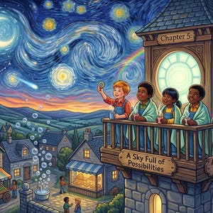 Puede incluir: Un balc&oacute;n de torre de reloj muestra a cinco ni&ntilde;os sosteniendo tazas bajo un cielo estrellado con una luna creciente y un arco&iacute;ris. El texto en la torre dice Chapter 5: A Sky Full of Possibilities y An Invitation to Readers sobre un pueblo.