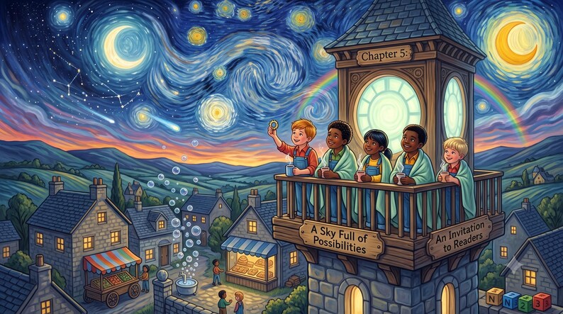 Puede incluir: Un balc&oacute;n de torre de reloj muestra a cinco ni&ntilde;os sosteniendo tazas bajo un cielo estrellado con una luna creciente y un arco&iacute;ris. El texto en la torre dice Chapter 5: A Sky Full of Possibilities y An Invitation to Readers sobre un pueblo.