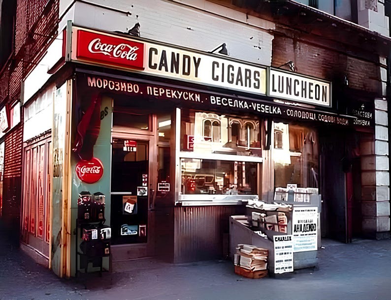 May include: A shop front with a red Coca-Cola sign and a yellow sign that reads "CANDY CIGARS LUNCHEON". The shop front has a large window with a display of goods inside. The shop front is located on a city street.