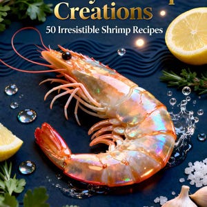 May include: A cookbook cover titled "Savory Shrimp Creations" with the subtitle "50 Irresistible Shrimp Recipes." The image features a large cooked shrimp, lemon slices, garlic, and herbs on a dark blue background.