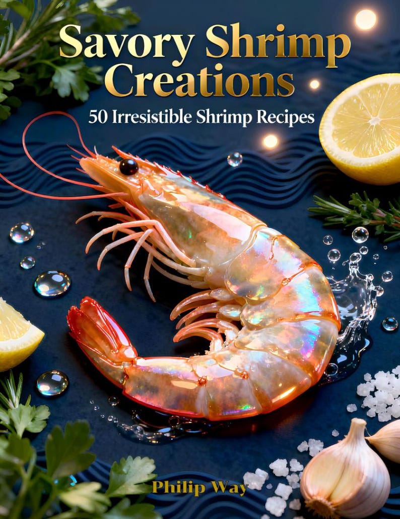 May include: A cookbook cover titled "Savory Shrimp Creations" with the subtitle "50 Irresistible Shrimp Recipes." The image features a large cooked shrimp, lemon slices, garlic, and herbs on a dark blue background.