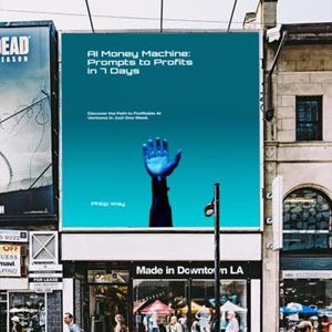 May include: A large outdoor advertisement for "AI Money Machine: Prompts to Profits in 7 Days" features a blue hand reaching up. The ad is above a storefront that says "Made in Downtown LA". People are walking on the sidewalk.