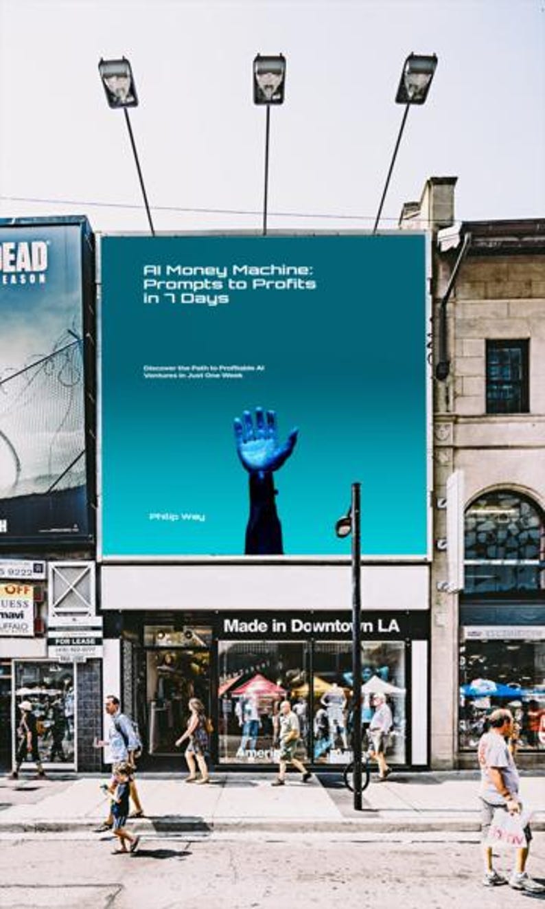 May include: A large outdoor advertisement for "AI Money Machine: Prompts to Profits in 7 Days" features a blue hand reaching up. The ad is above a storefront that says "Made in Downtown LA". People are walking on the sidewalk.