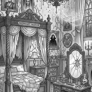 May include: A black and white illustration of a bedroom interior featuring a four-poster bed with the text Midnight Manor, a chandelier, a cracked vanity mirror, framed portraits, a gargoyle statue, a stool, and a doll on a patterned rug.