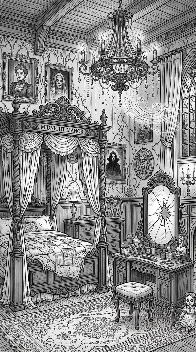May include: A black and white illustration of a bedroom interior featuring a four-poster bed with the text Midnight Manor, a chandelier, a cracked vanity mirror, framed portraits, a gargoyle statue, a stool, and a doll on a patterned rug.