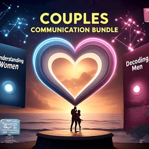 May include: Couples Communication Bundle graphic with a heart-shaped design. The image features books titled "Understanding Women" and "Decoding Men." A couple stands on a platform, with a sunset and constellations in the background.