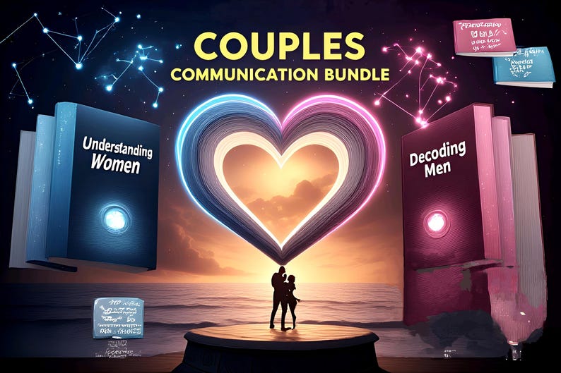 May include: Couples Communication Bundle graphic with a heart-shaped design. The image features books titled "Understanding Women" and "Decoding Men." A couple stands on a platform, with a sunset and constellations in the background.