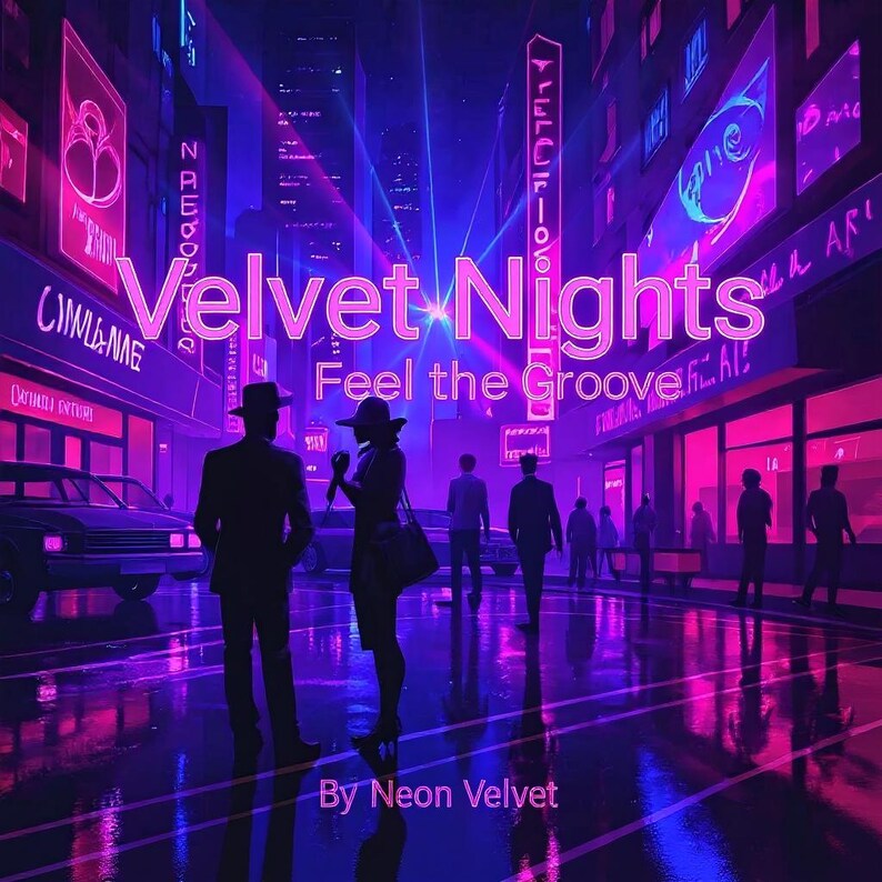 May include: Digital art of a neon-lit city street at night, with the words "Velvet Nights" in pink. Silhouettes of people and cars are visible. Text reads "Feel the Groove" and "By Neon Velvet."