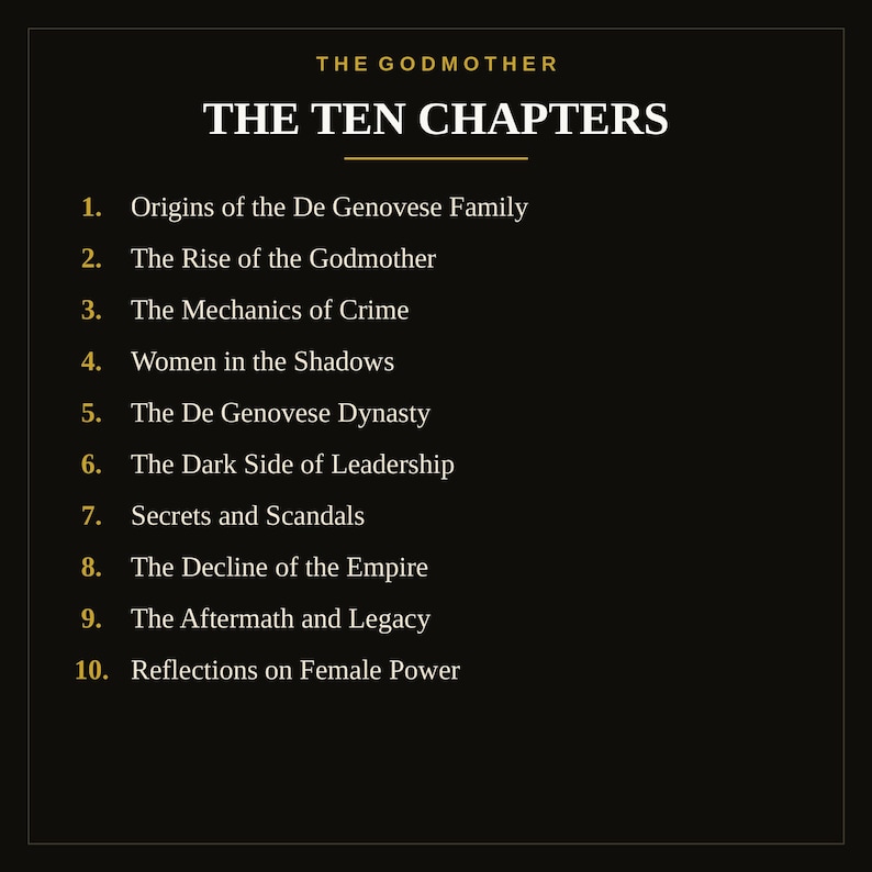 K&ouml;nnte beinhalten: Ein schwarzes rechteckiges Schild mit goldenem und wei&szlig;em Text mit dem Titel THE GODMOTHER THE TEN CHAPTERS. Es listet zehn nummerierte Kapitel auf, darunter Origins of the De Genovese Family, The Rise of the Godmother und Reflections on Female Power.