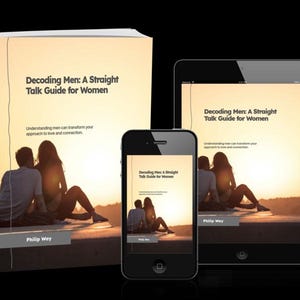 May include: A book, smartphone, and tablet display the cover of "Decoding Men: A Straight Talk Guide for Women." The cover features a couple silhouetted against a sunset. The book and devices are on a black background.
