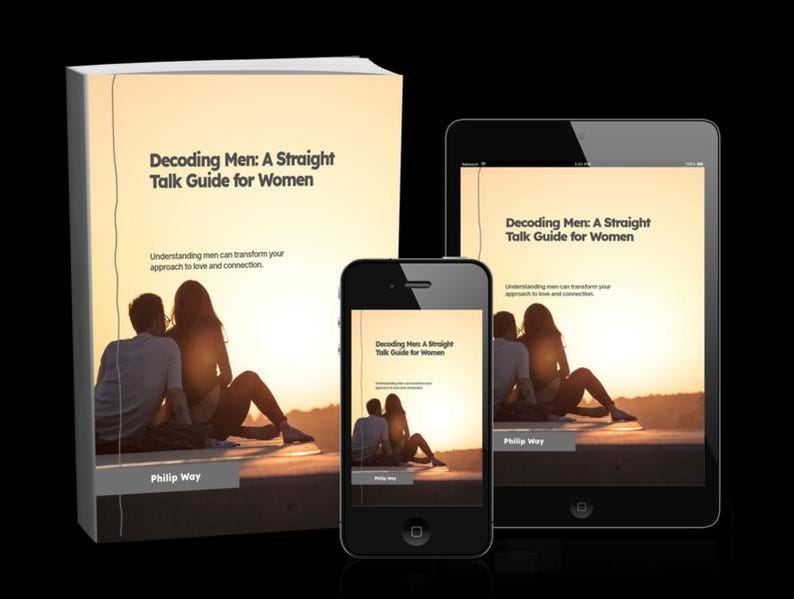 May include: A book, smartphone, and tablet display the cover of "Decoding Men: A Straight Talk Guide for Women." The cover features a couple silhouetted against a sunset. The book and devices are on a black background.