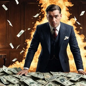 May include: A man in a dark blue suit stands in front of a wall of fire with money falling around him. He is wearing a white shirt, a dark red tie, and a pocket square. He is standing on a pile of money.