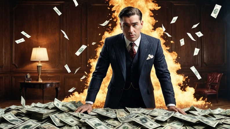 May include: A man in a dark blue suit stands in front of a wall of fire with money falling around him. He is wearing a white shirt, a dark red tie, and a pocket square. He is standing on a pile of money.