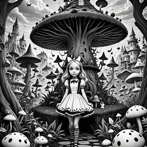 K&ouml;nnte beinhalten: Eine Schwarzwei&szlig;illustration von Alice aus Alice im Wunderland, die in einem fantasievollen Wald steht. Sie tr&auml;gt ein wei&szlig;es Kleid mit schwarzem G&uuml;rtel und schwarz-wei&szlig; gestreiften Str&uuml;mpfen. Sie geht auf einem Weg aus Steinen. Im Hintergrund befinden sich gro&szlig;e Pilze und B&auml;ume.