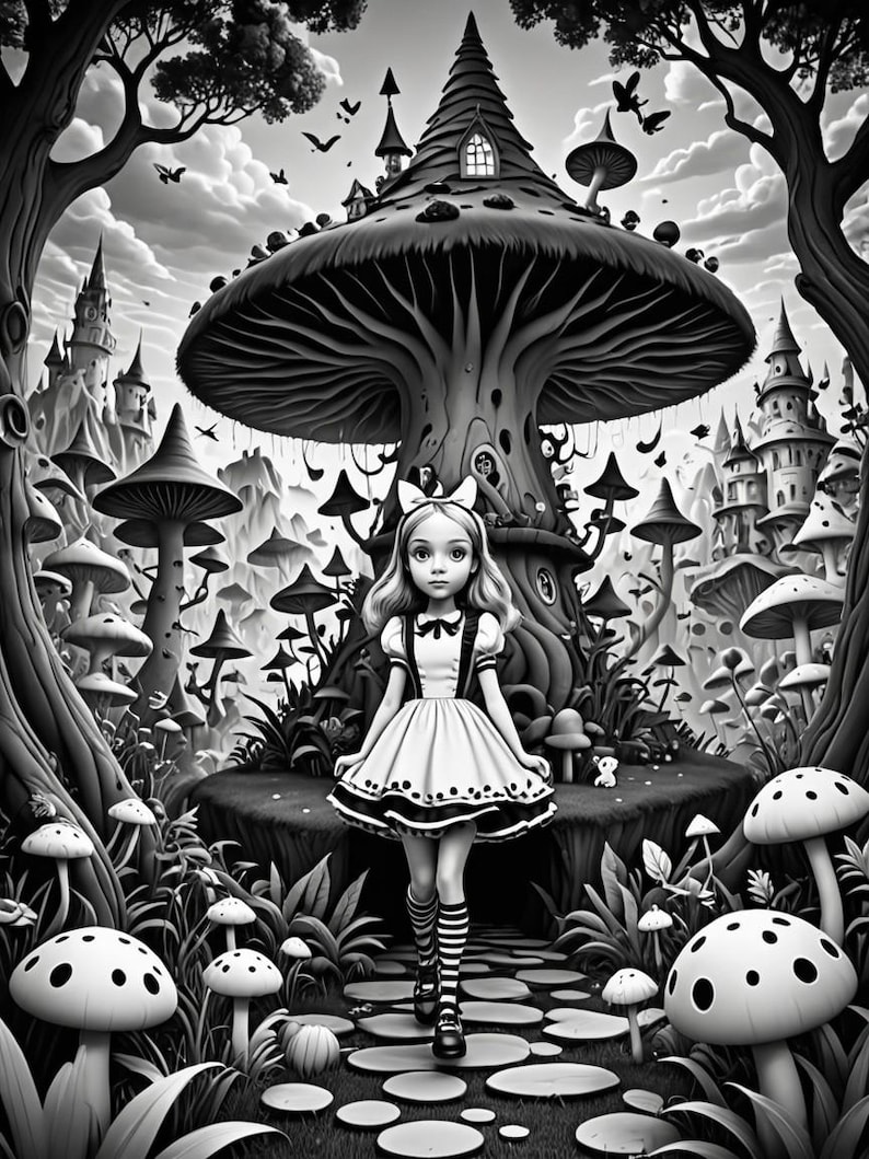 K&ouml;nnte beinhalten: Eine Schwarzwei&szlig;illustration von Alice aus Alice im Wunderland, die in einem fantasievollen Wald steht. Sie tr&auml;gt ein wei&szlig;es Kleid mit schwarzem G&uuml;rtel und schwarz-wei&szlig; gestreiften Str&uuml;mpfen. Sie geht auf einem Weg aus Steinen. Im Hintergrund befinden sich gro&szlig;e Pilze und B&auml;ume.
