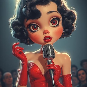 Op de afbeelding: Illustratie van een cartoonzangeres met grote ogen, rode lippen en zwart krullend haar, gekleed in een rode jurk en handschoenen, die een microfoon vasthoudt. De achtergrond toont een publiek en podiumlichten.