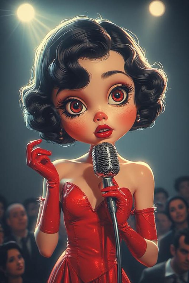 Op de afbeelding: Illustratie van een cartoonzangeres met grote ogen, rode lippen en zwart krullend haar, gekleed in een rode jurk en handschoenen, die een microfoon vasthoudt. De achtergrond toont een publiek en podiumlichten.