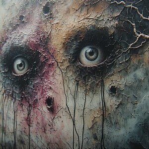 May include: A close-up of a surreal artwork featuring two large, pale eyes set against a textured, cracked surface. The color palette includes shades of gray, brown, and hints of red, creating a haunting and dramatic effect.