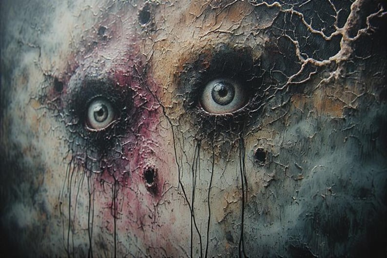 May include: A close-up of a surreal artwork featuring two large, pale eyes set against a textured, cracked surface. The color palette includes shades of gray, brown, and hints of red, creating a haunting and dramatic effect.