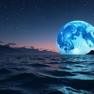 May include: A large, blue moon rises over a dark, still body of water. The moon is illuminated by a bright light, casting a blue glow on the water. The sky is filled with stars.