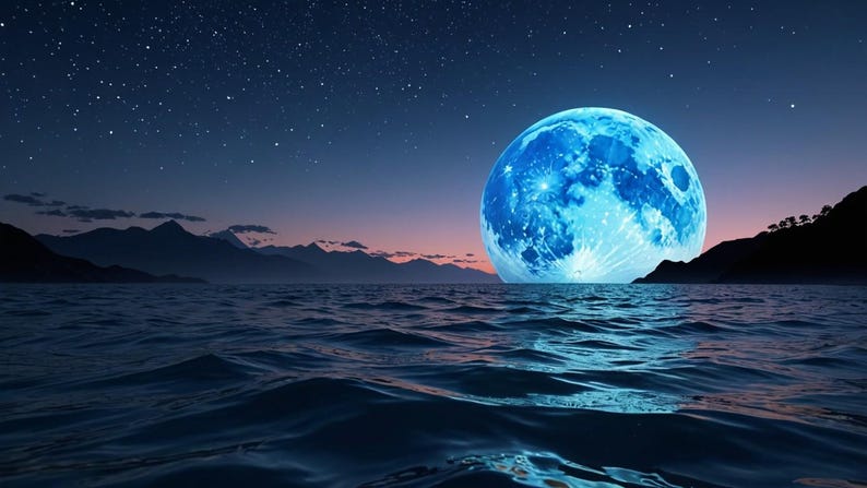 May include: A large, blue moon rises over a dark, still body of water. The moon is illuminated by a bright light, casting a blue glow on the water. The sky is filled with stars.