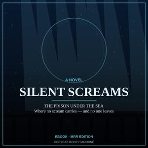 Puede incluir: Una portada de libro azul oscuro titulada SILENT SCREAMS, A NOVEL, THE PRISON UNDER THE SEA, Where no scream carries &mdash; and no one leaves. Presenta un contorno circular, haces de luz verticales y el texto EBOOK MRR EDITION COPYCAT MONEY MACHINE.