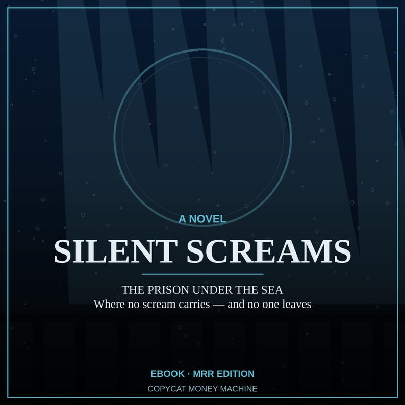 Puede incluir: Una portada de libro azul oscuro titulada SILENT SCREAMS, A NOVEL, THE PRISON UNDER THE SEA, Where no scream carries &mdash; and no one leaves. Presenta un contorno circular, haces de luz verticales y el texto EBOOK MRR EDITION COPYCAT MONEY MACHINE.