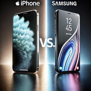 May include: A side-by-side comparison of an iPhone and a Samsung phone. The iPhone has a black screen with a blue and white abstract design. The Samsung phone has a black screen with a blue, pink, and white abstract design and the time 12:45 displayed on the screen.