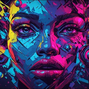May include: Abstract digital art portrait of a face, rendered in vibrant shades of blue, pink, yellow, and purple. The artwork features bold lines and geometric shapes, creating a striking and modern aesthetic. The subject has full lips and long eyelashes.