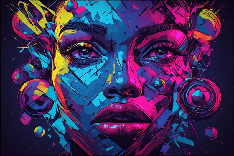 May include: Abstract digital art portrait of a face, rendered in vibrant shades of blue, pink, yellow, and purple. The artwork features bold lines and geometric shapes, creating a striking and modern aesthetic. The subject has full lips and long eyelashes.