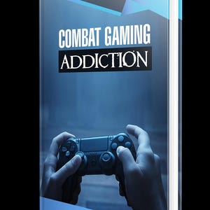 May include: A book cover with a blue and white gradient background. The title "COMBAT GAMING ADDICTION" is written in white text. A person's hands are holding a black video game controller.