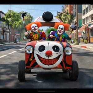 Op de afbeelding: Twee clowns in een rood-zwarte auto met een groot lachend gezicht aan de voorkant. De clowns houden hamers vast en dragen kleurrijke outfits. De auto rijdt over een straat.