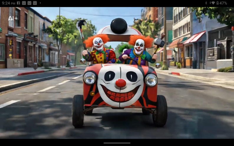 Op de afbeelding: Twee clowns in een rood-zwarte auto met een groot lachend gezicht aan de voorkant. De clowns houden hamers vast en dragen kleurrijke outfits. De auto rijdt over een straat.