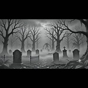 May include: A black and white illustration of a foggy graveyard at night featuring multiple weathered tombstones, a wrought iron fence, and bare, twisted trees. A tall, shadowy, humanoid creature stands in the distance among the trees.