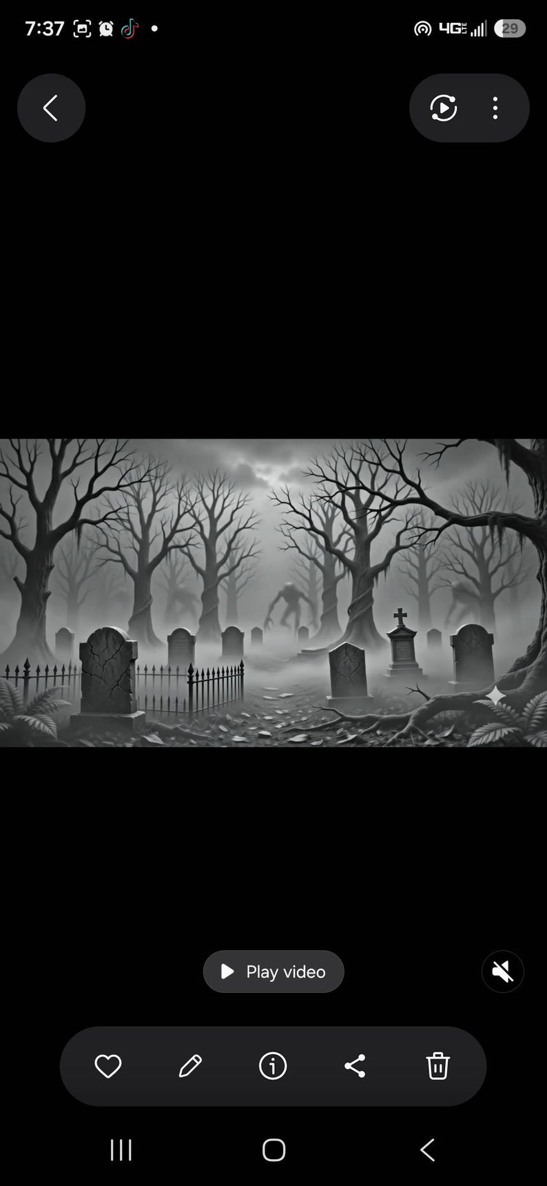 May include: A black and white illustration of a foggy graveyard at night featuring multiple weathered tombstones, a wrought iron fence, and bare, twisted trees. A tall, shadowy, humanoid creature stands in the distance among the trees.