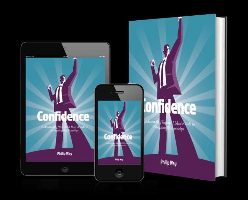 May include: A book, tablet, and smartphone display the cover of "Confidence" by Philip Way. The cover features a purple illustration of a person in a suit with their arm raised against a blue background with radiating lines.