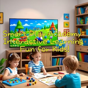 Op de afbeelding: Drie kinderen zitten aan een tafel en spelen educatieve spelletjes. De tafel is van hout en heeft een lichtbruine afwerking. De kinderen gebruiken kleurrijke blokken en ander speelgoed om te leren. De afbeelding heeft de tekst "Smart Play Academy Interactive Learning Fun for Kids!"