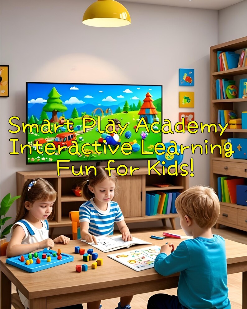 Op de afbeelding: Drie kinderen zitten aan een tafel en spelen educatieve spelletjes. De tafel is van hout en heeft een lichtbruine afwerking. De kinderen gebruiken kleurrijke blokken en ander speelgoed om te leren. De afbeelding heeft de tekst "Smart Play Academy Interactive Learning Fun for Kids!"